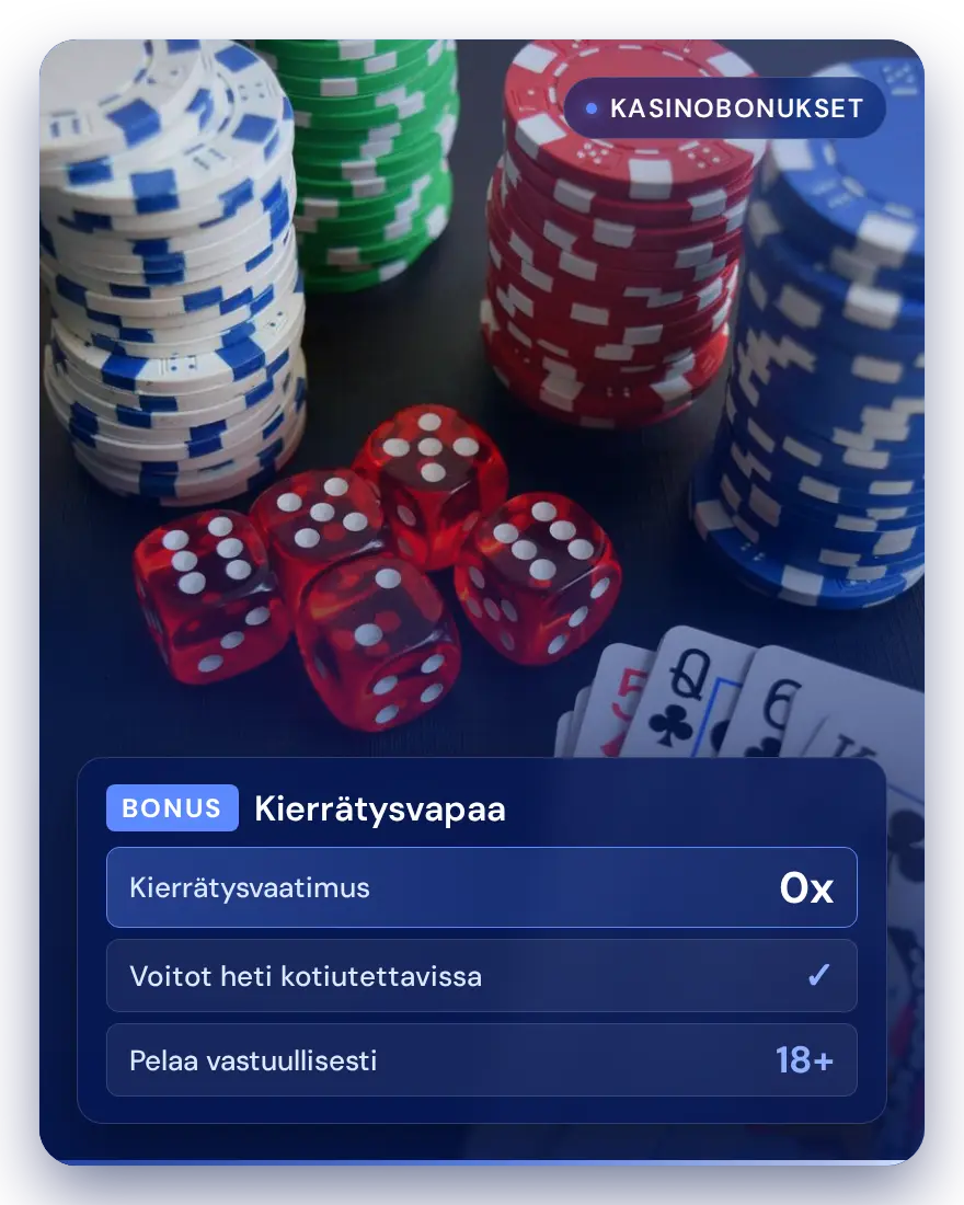 Kasinopelimerkit, nopat ja pelikortit sekä kierrätysvapaan bonuksen tiedot: kierrätysvaatimus 0x